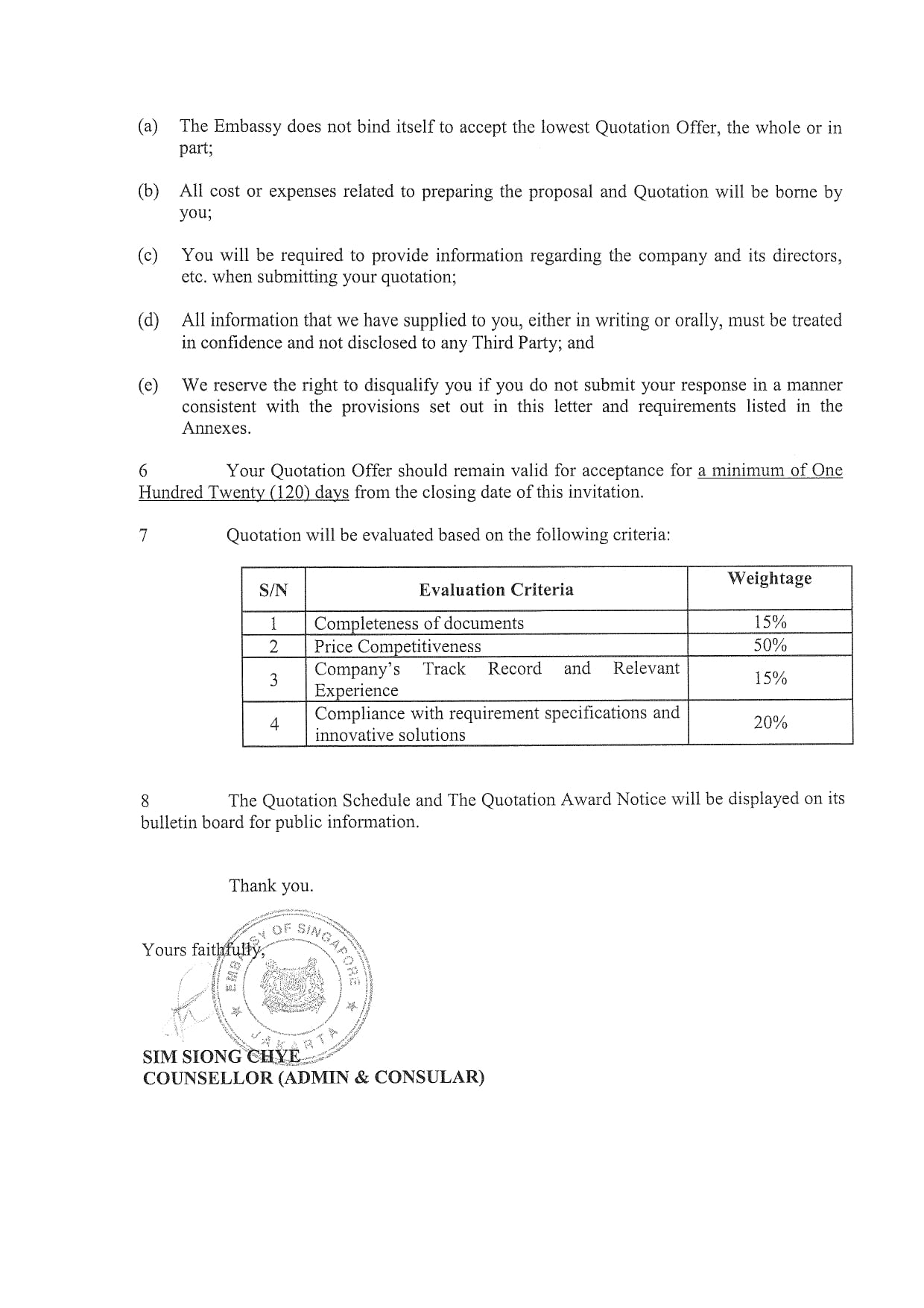 Document with text, a table outlining evaluation criteria and weightage, and a stamp for Embassy of Singapore.